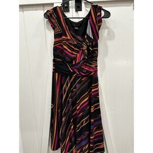 Signature by Robbie Bee Black Pink Orange Stripe Ruched Waist Midi Dress Size S‎